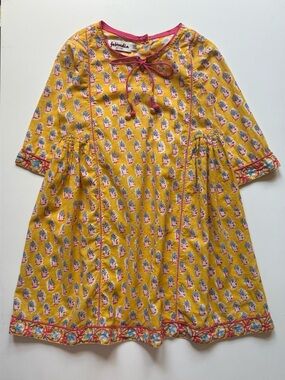 Fabindia Girls Hand Block Printed Yellow Floral Dress - Size 4-6Y